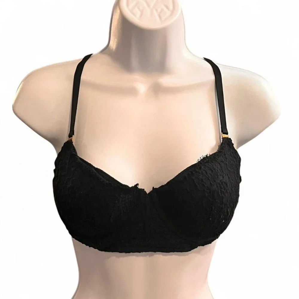 Aerie Black Lace Strappy Back Bra 34C Padded Underwire